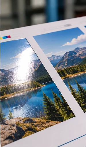 A press sheet photographed at an angle with one mountain lake image printed on it twice, the left print throwing a bright specular highlight across the sky and water and the right print holding its color with no glare, a color bar along the top edge