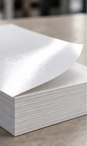 A stack of white art card sheets on a stone bench, the top sheet curling up off the stack so its gloss coated face throws back the light above the matte cut edges below