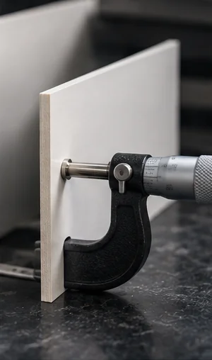 A white board sheet standing on edge on dark stone with a micrometer clamped across its thickness near the cut edge, a second sheet out of focus behind it