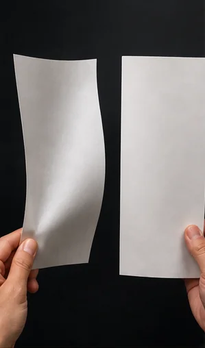 Two hands holding up two white sheets against a black ground, the lighter sheet on the left bowing and twisting where it is held and the heavier one on the right standing flat and straight