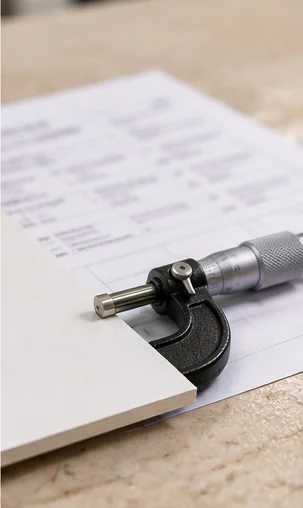 A white art card sheet laid across the corner of a printed quotation on a pale bench, a micrometer closed on its cut edge and the figures on the page out of focus
