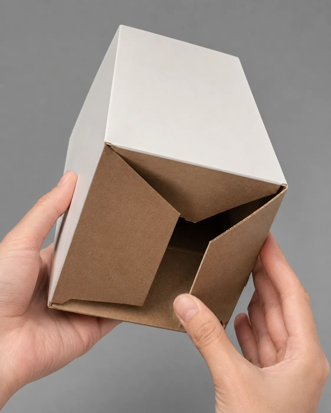 Two hands squaring an auto lock bottom carton, the kraft base panels swinging in on their diagonal scores.