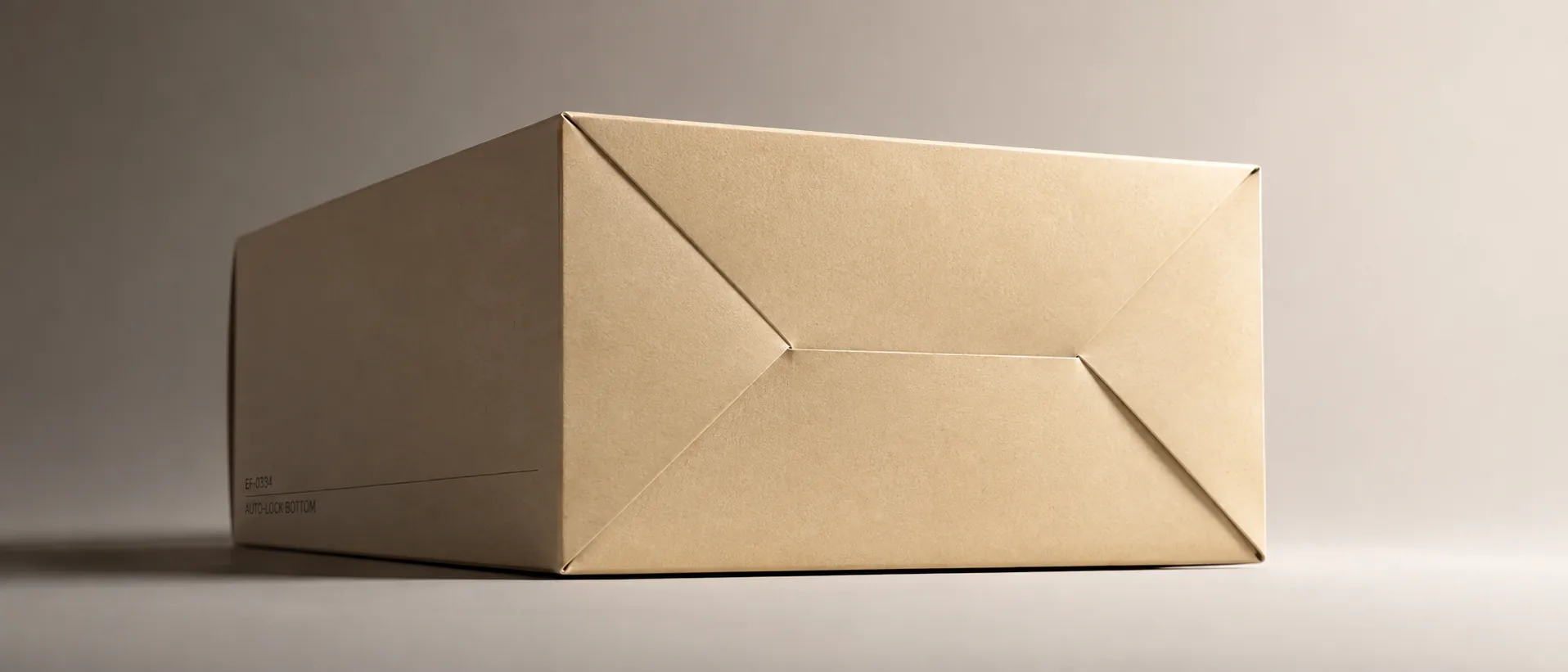 A kraft auto lock bottom carton across a wide frame, lit from one side so the four base panels lapped into their pinwheel separate.