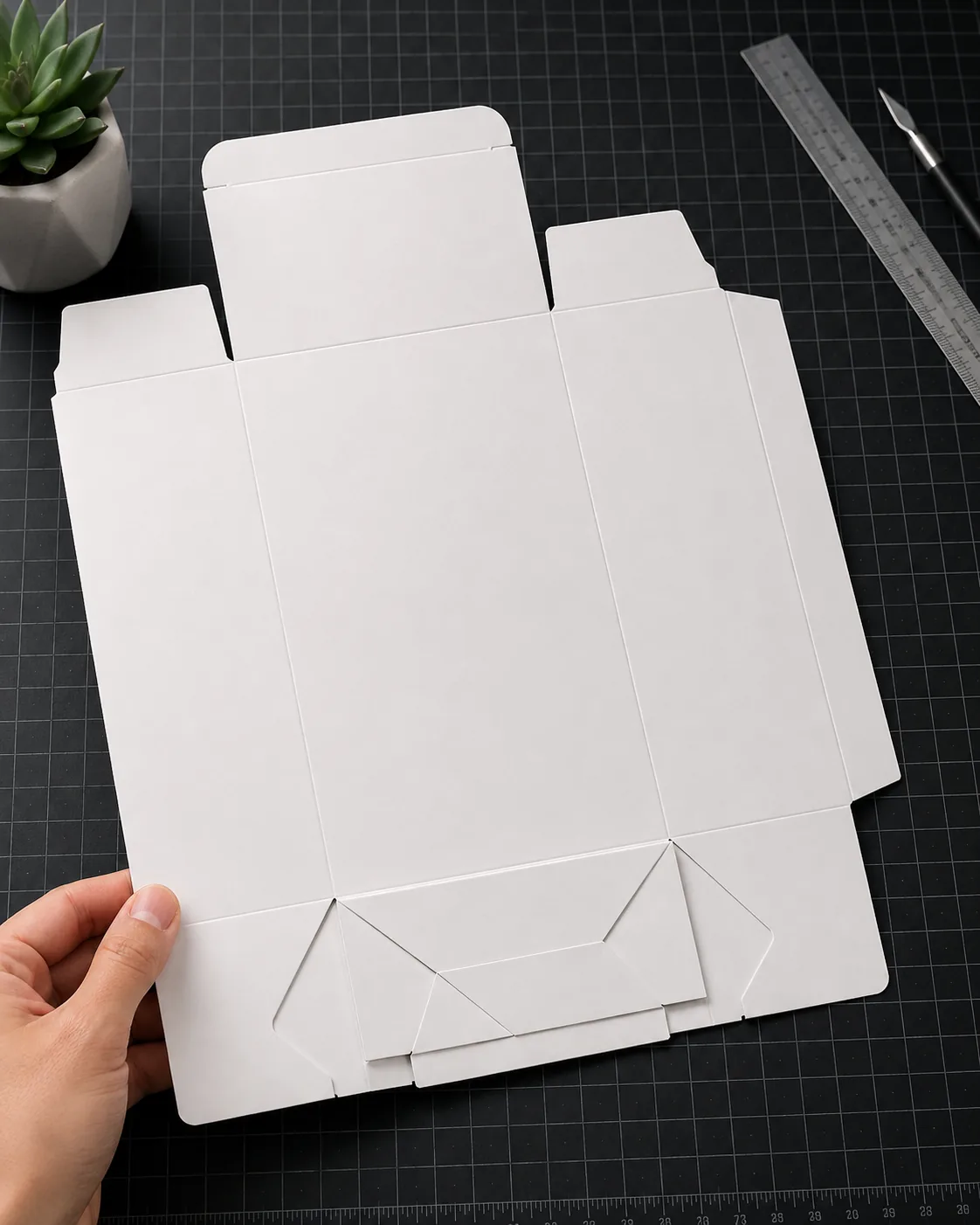 A flat auto lock bottom blank held at one corner on a cutting mat, the pre-glued base panels lying folded against it.