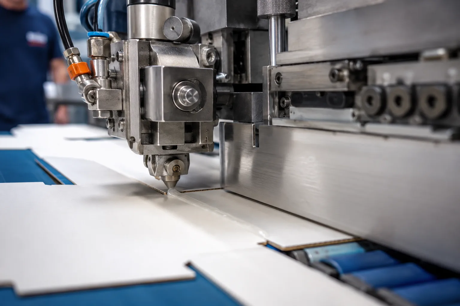 The glue head of the folder gluer laying a bead along the seam flap of a blank traveling the belts beneath it.