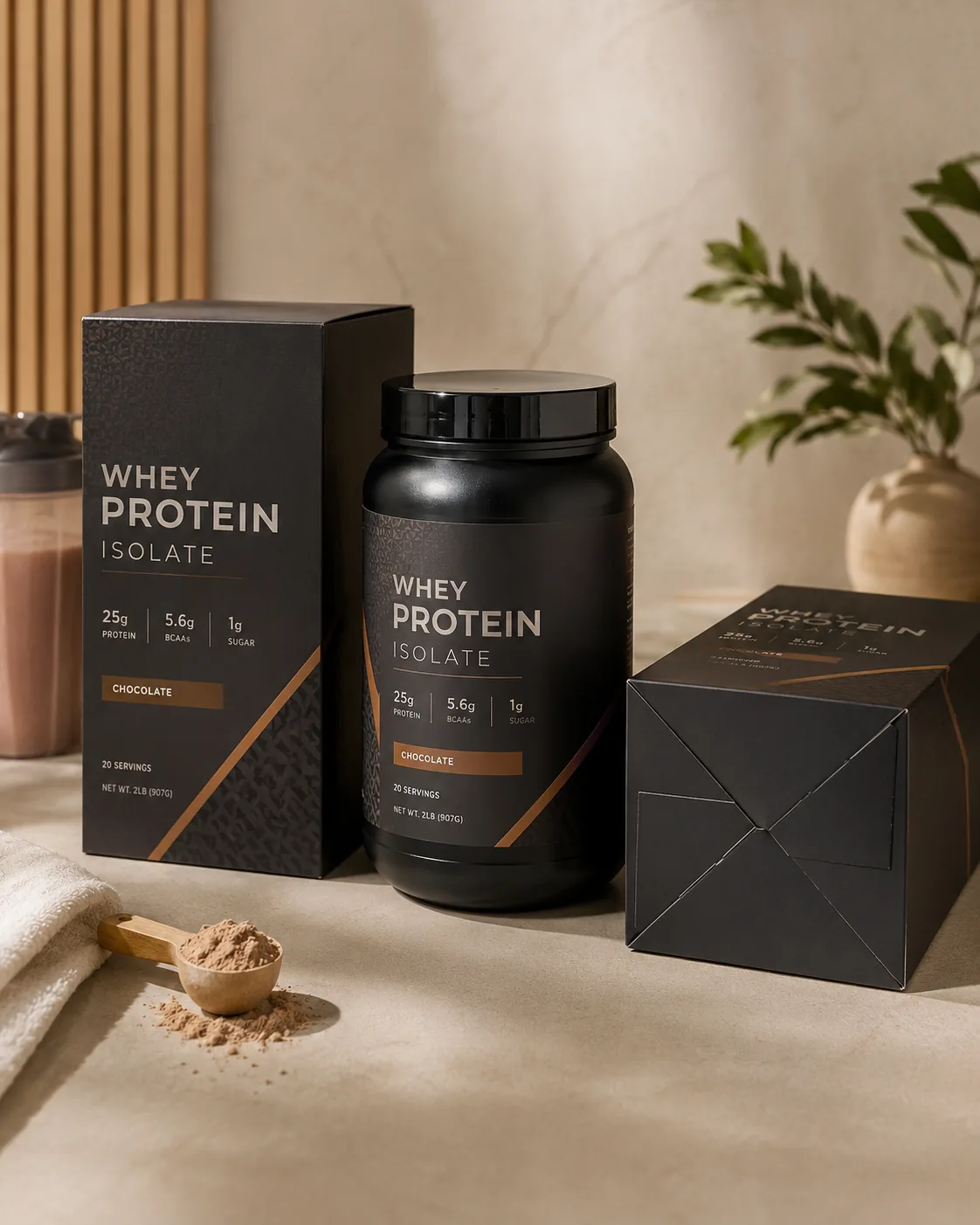 A black auto lock bottom carton standing beside the protein powder canister it was built around, a second carton tipped beside them