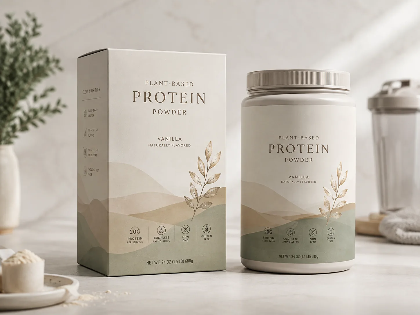 A cream auto lock bottom carton standing beside its protein powder tub on a pale counter, three-quarter view.