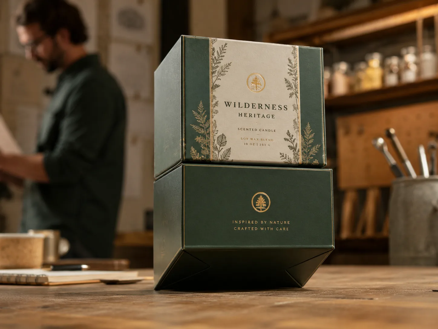 A filled carton standing on a bench with a second filled carton stacked square on top of it, shot low so the locked base of the lower one is in frame and unbowed.