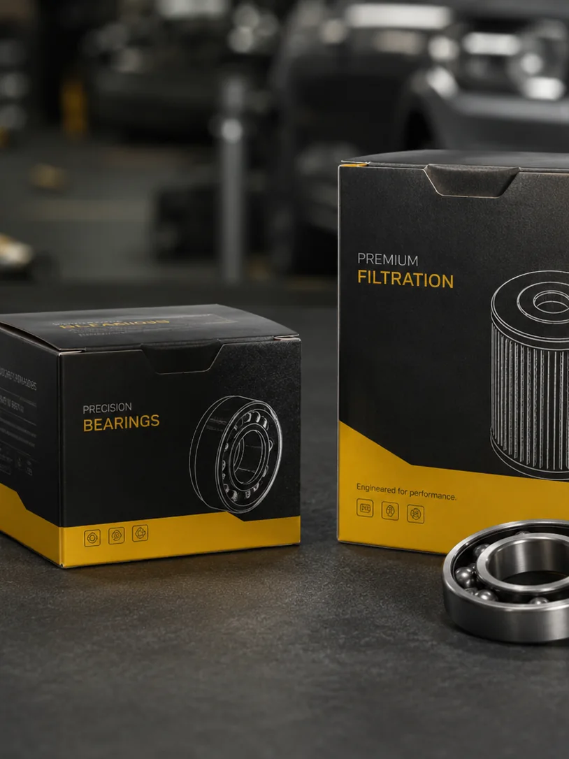 Automotive parts cartons for bearings and filtration, part illustration on each face