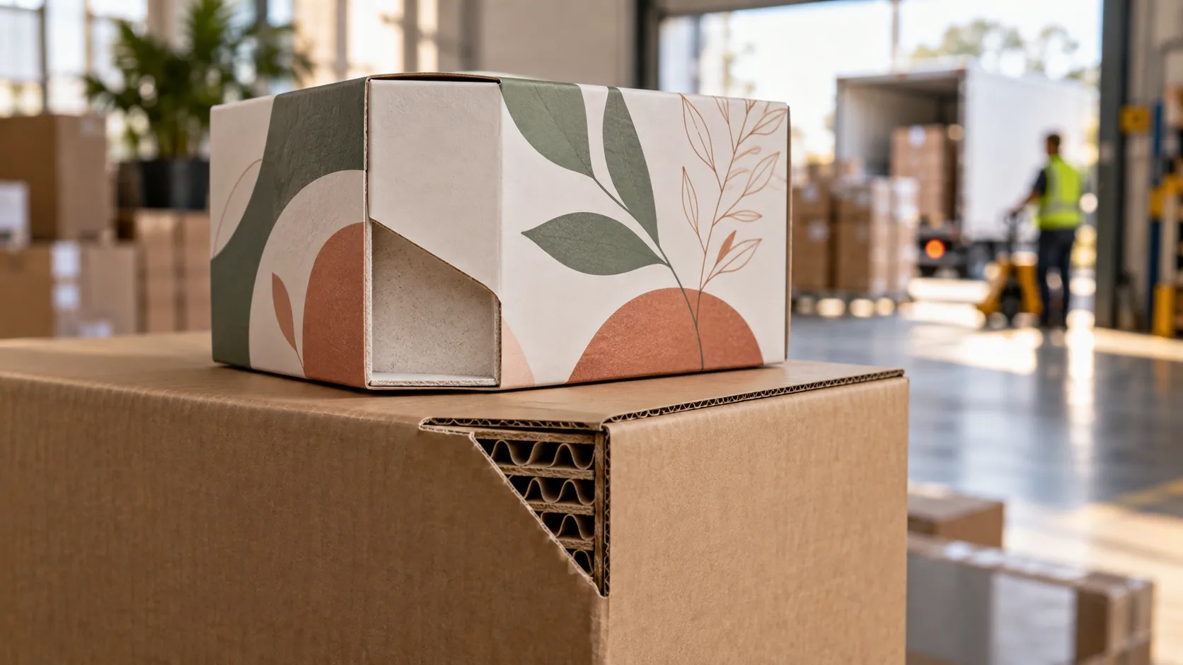 A printed paperboard carton standing on a corrugated shipping case in a despatch bay, the case cut through at one corner so the flute reads beside the single sheet of the carton.
