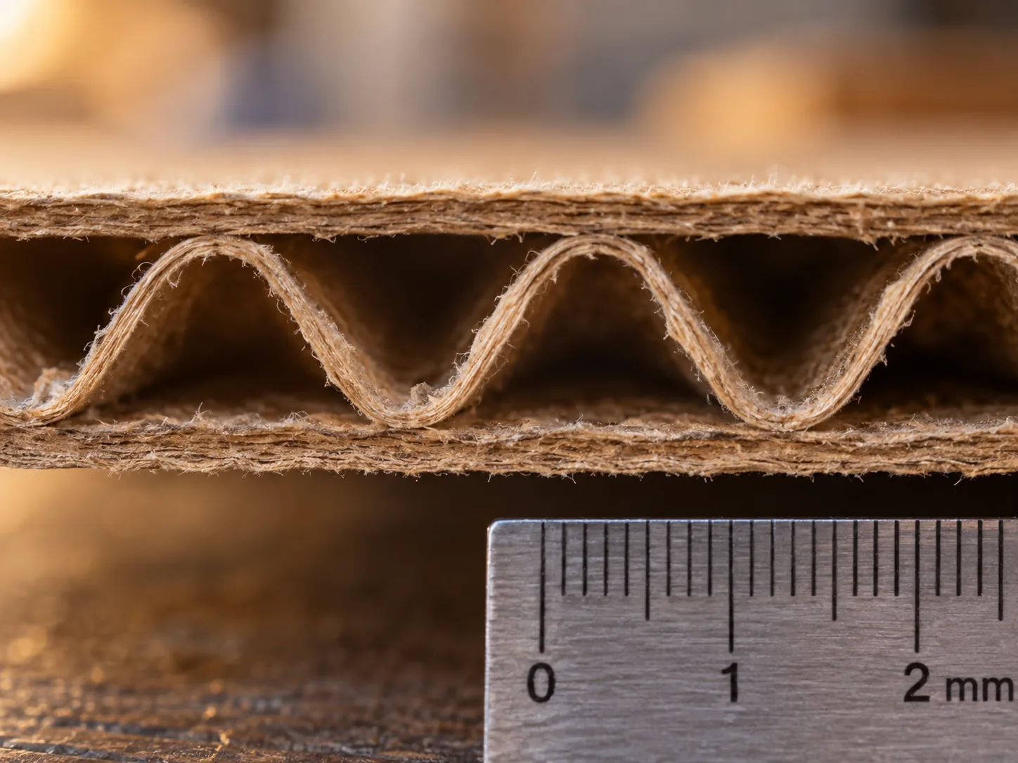 A cut corrugated edge at high magnification, two flat liners with the fluted medium running between them, a steel scale rule laid alongside.