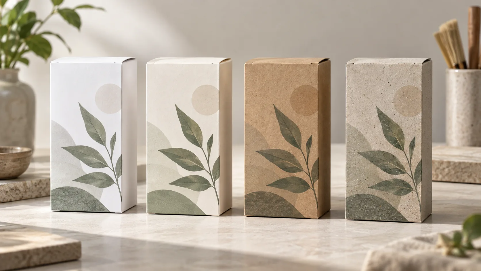 Four printed cartons standing in a row on a pale stone bench under the same leaf artwork, one on white board, one on cream, one on brown kraft and one on gray recycled board.