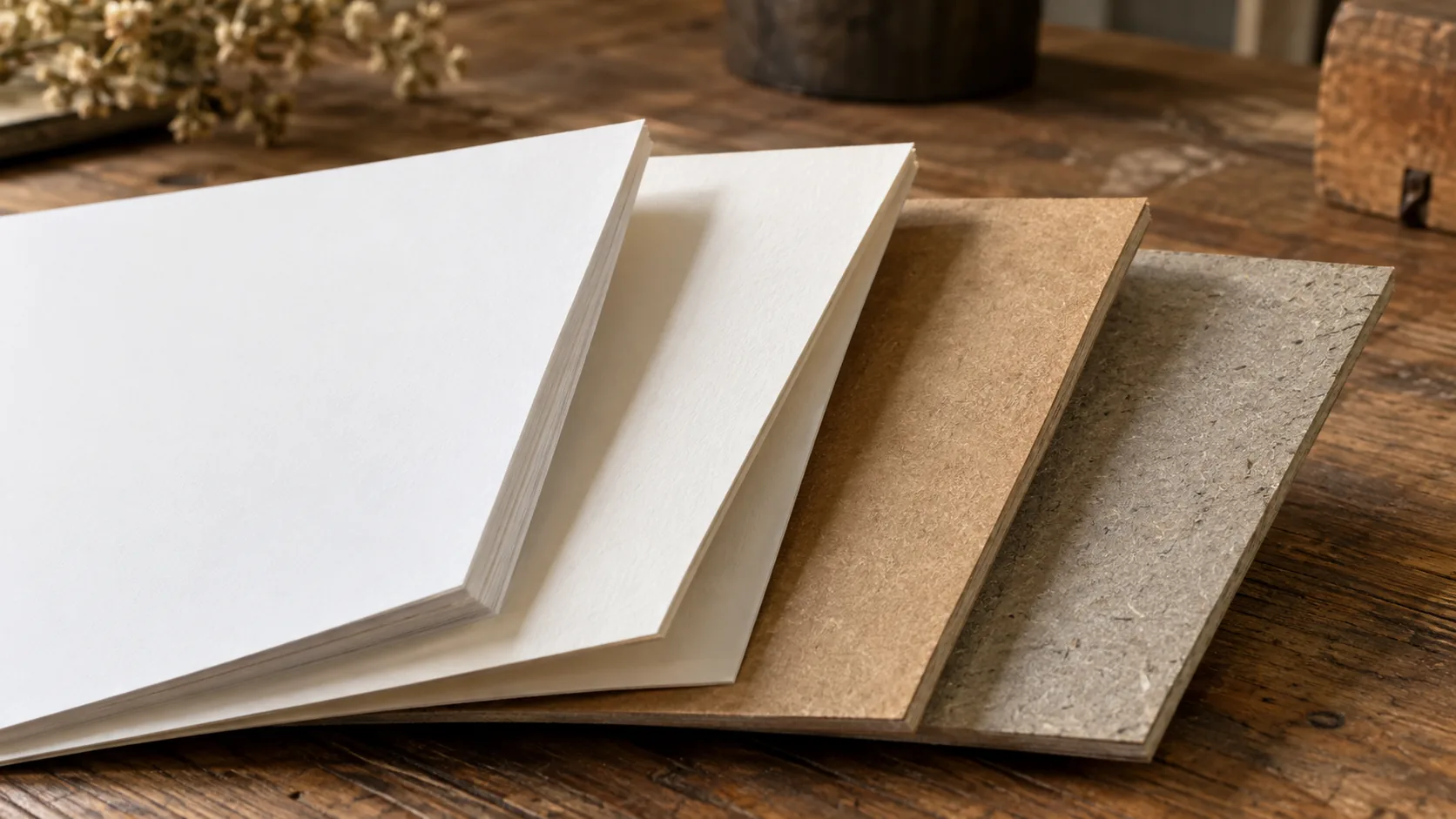 Four paperboard sheets fanned across a wooden workbench with their cut edges to camera, a white sheet in front of a cream one, a brown kraft one and a gray recycled one.