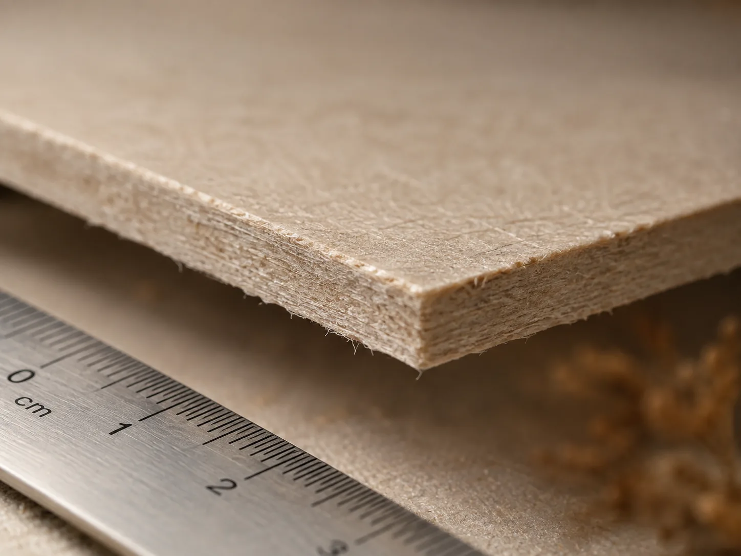 A cut paperboard edge at high magnification, one solid sheet with no flute in it, a steel scale rule laid alongside.