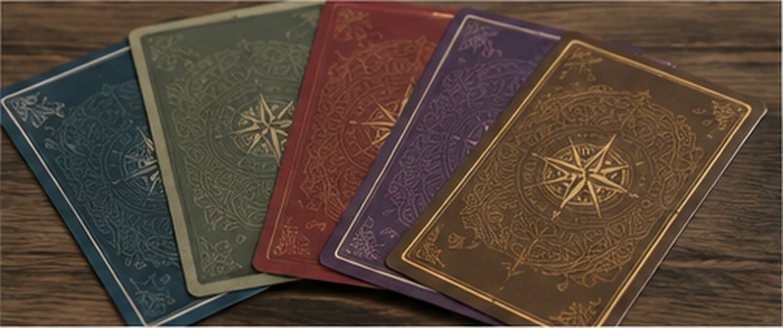 Five card backs fanned across a wood table in teal, green, red, purple and gold, one patterned design in five colorways