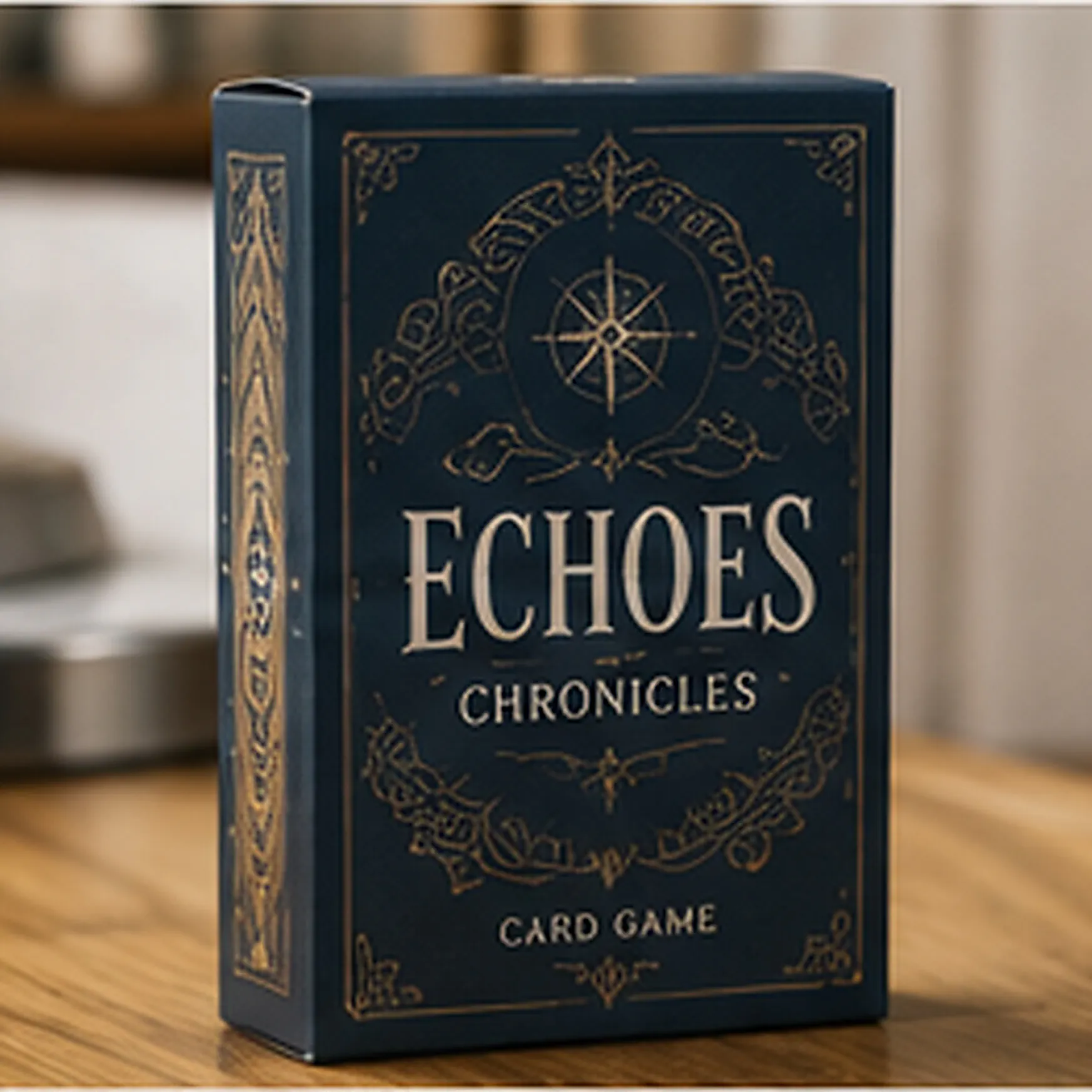 A navy card game tuck box standing on a wood table, gold line work and a compass rose across the face