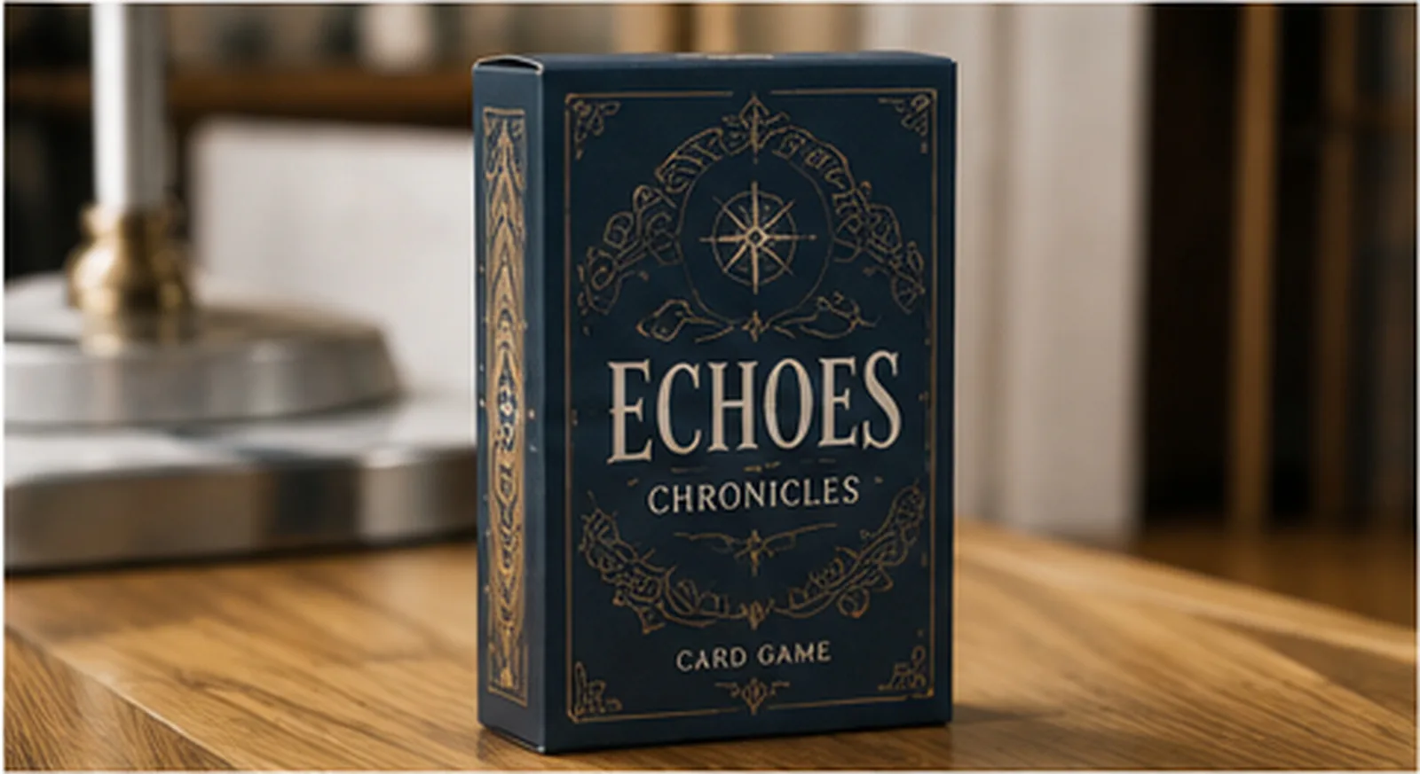 A navy card game tuck box standing on a wood surface, gold border work catching a lamp