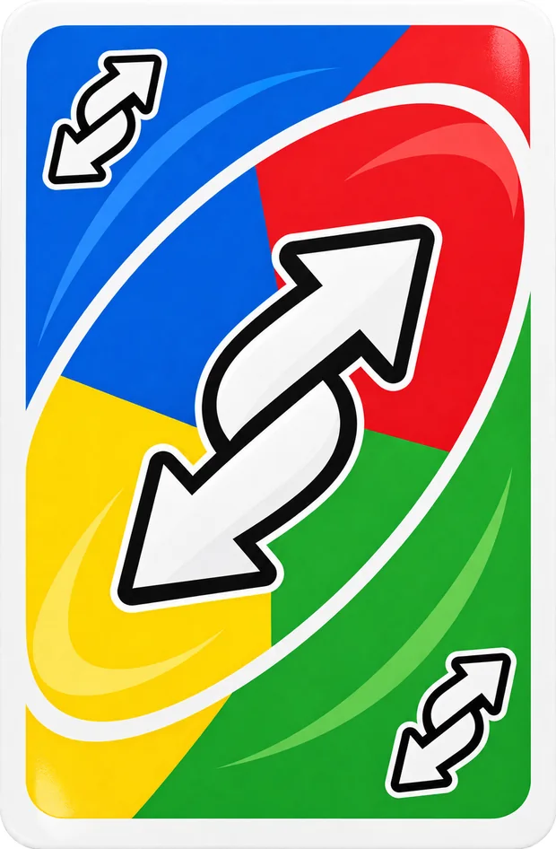 A shedding game reverse card at bridge size, quartered in blue, red, yellow and green with a white double arrow across it