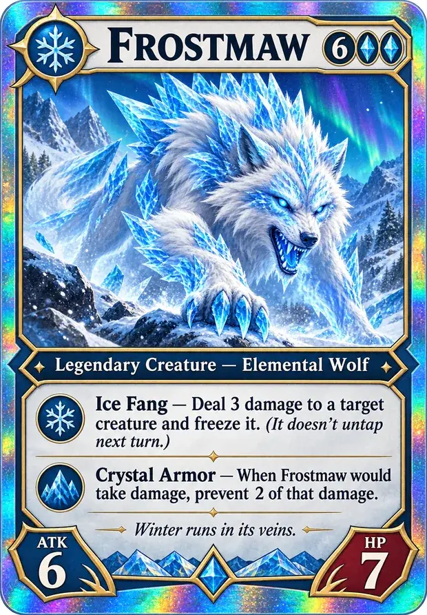 A holographic trading card at jumbo size, a crystalline ice wolf named Frostmaw over its ability text and attack and health values