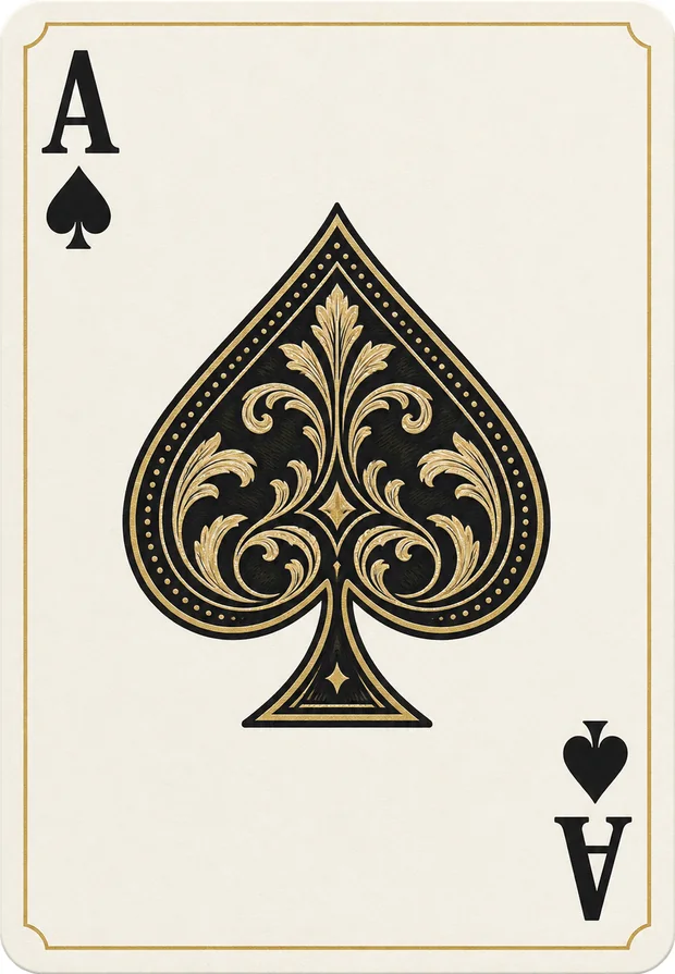 The ace of spades at poker size, the pip filled with gold filigree inside a gold keyline on cream