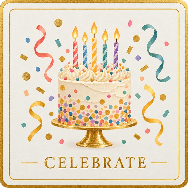 A square gift card in gold foil keylines, a painted birthday cake and confetti above the word Celebrate
