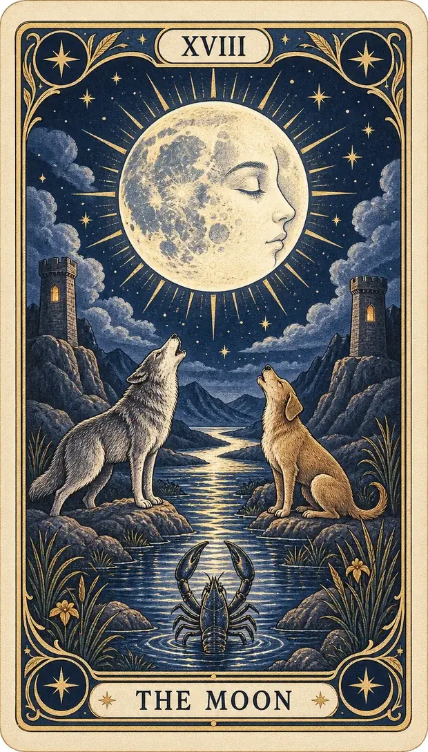 The Moon, card eighteen of a tarot deck: a gold faced moon over two towers, a wolf and a dog howling either side of a river, and a crayfish in the water