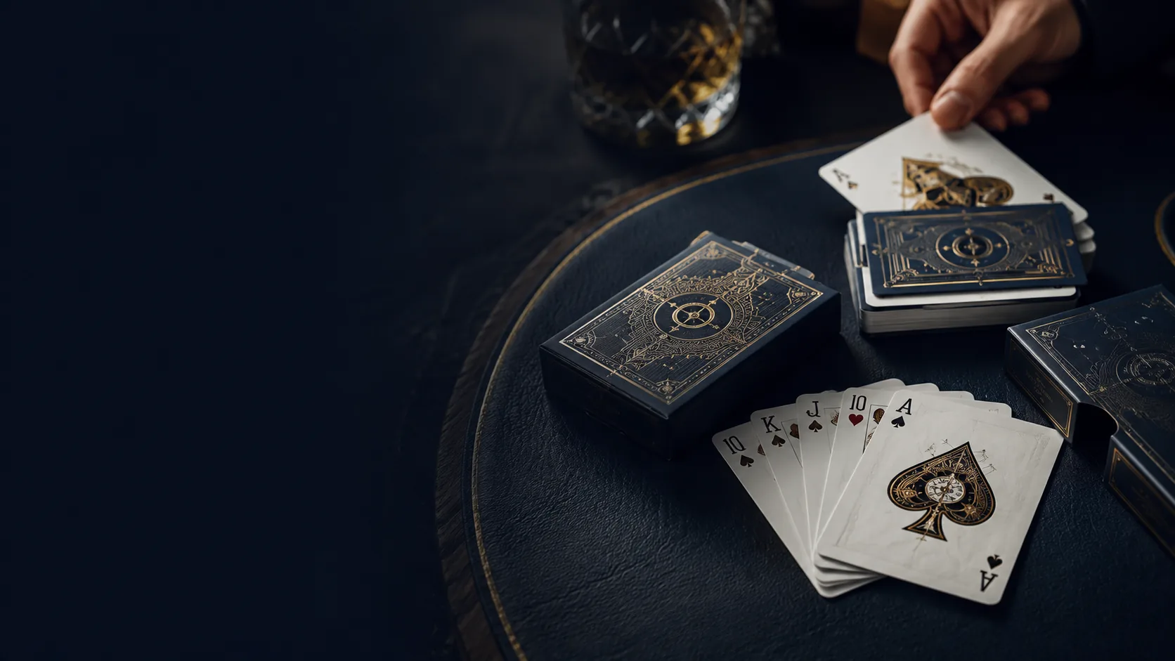 A printed deck of playing cards fanned on a dark table beside its tuck box.