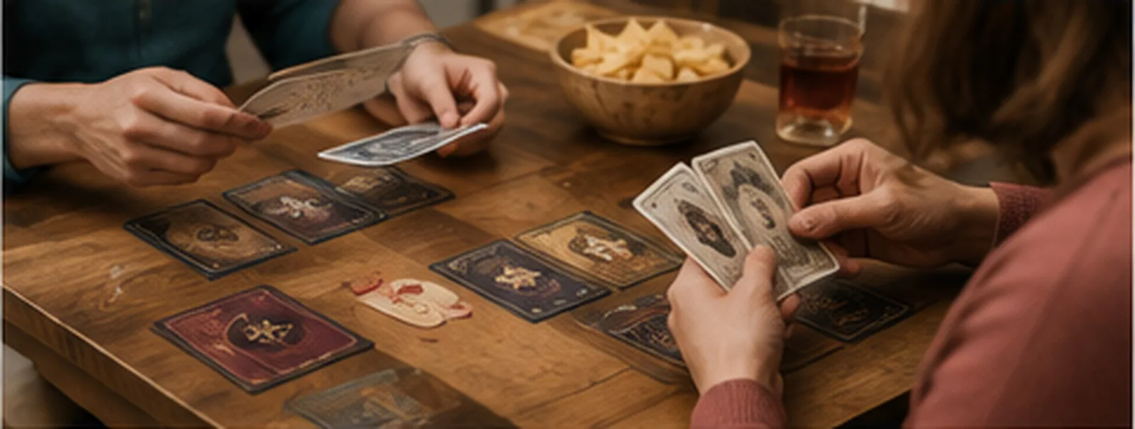 Two players at a wood table mid game, cards laid out between them and a hand held back