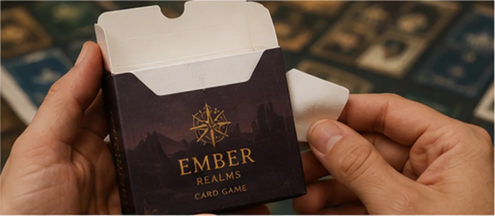 Two hands lifting the tuck flap of a plum card game box, cards laid out on the table behind it