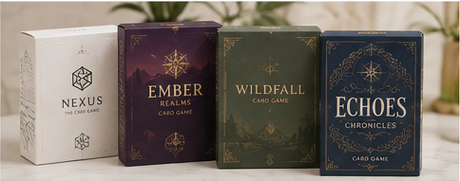 Four card game tuck boxes standing in a row, white, plum, green and navy, each with gold line work on the face