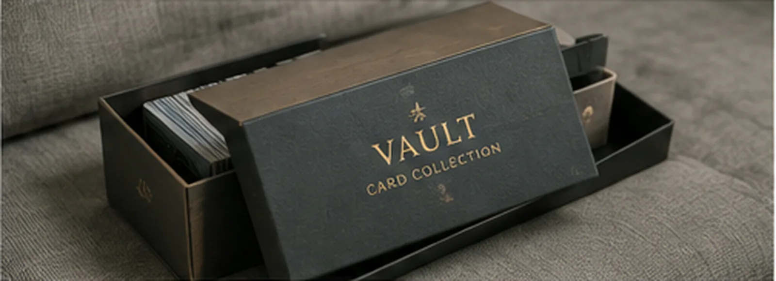 A two piece collector box with the lid drawn back, a full deck and dividers standing inside