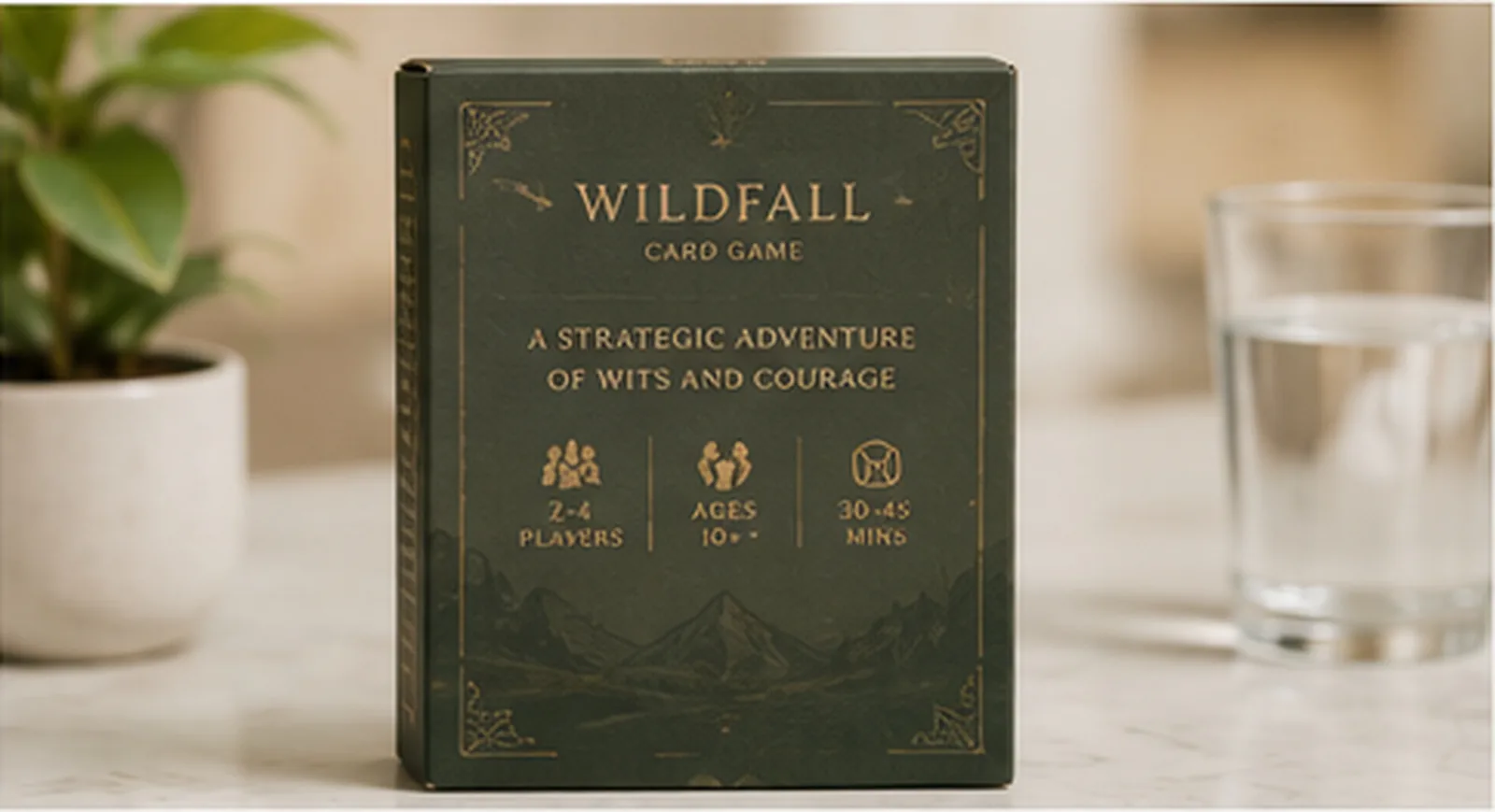 A green card game tuck box standing on a counter, gold rules and player count icons across the face