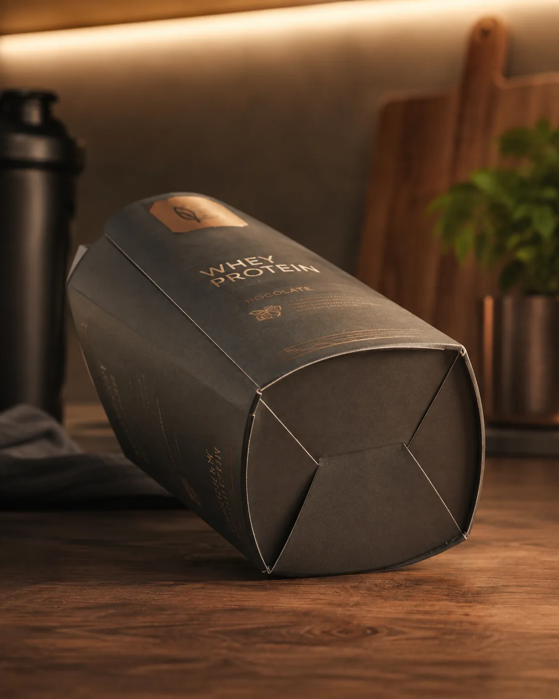 A whey protein carton tipped onto its side, the four interlocked panels of the pre-glued auto lock base to camera