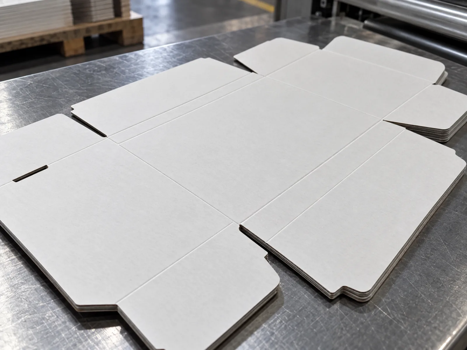 A stack of unprinted white carton blanks lying flat on a steel bench, the crease lines pressed across every panel and the cut edges showing the plies.