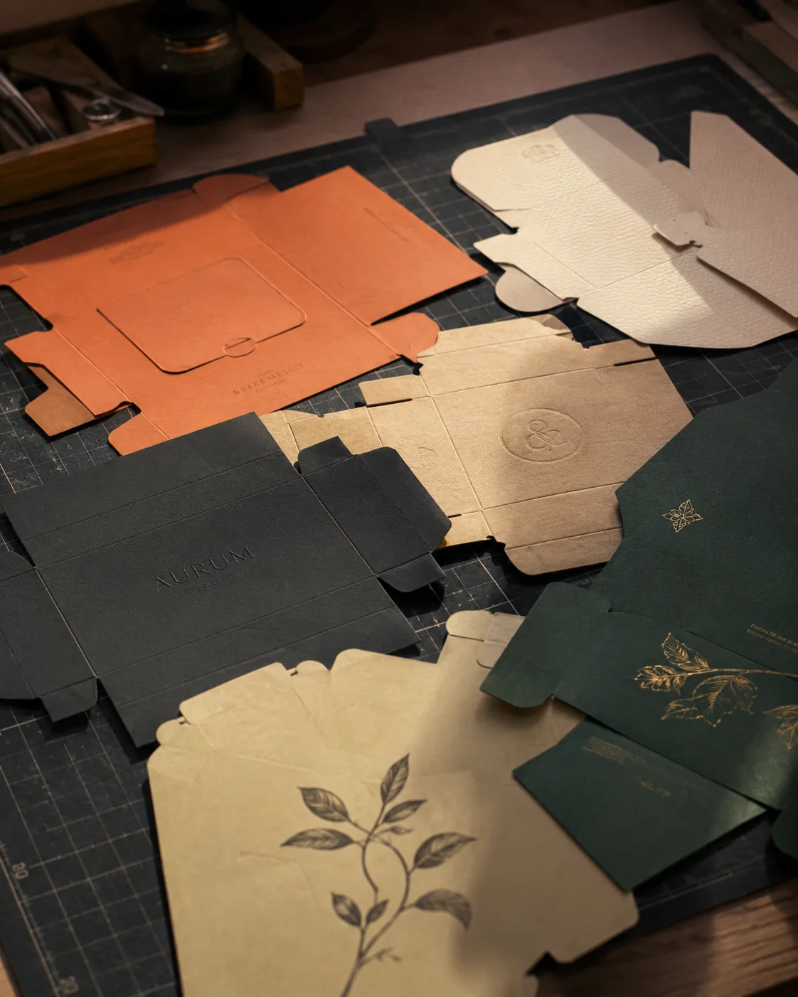 Flat carton blanks in several die-cut structures laid out overlapping on a cutting mat