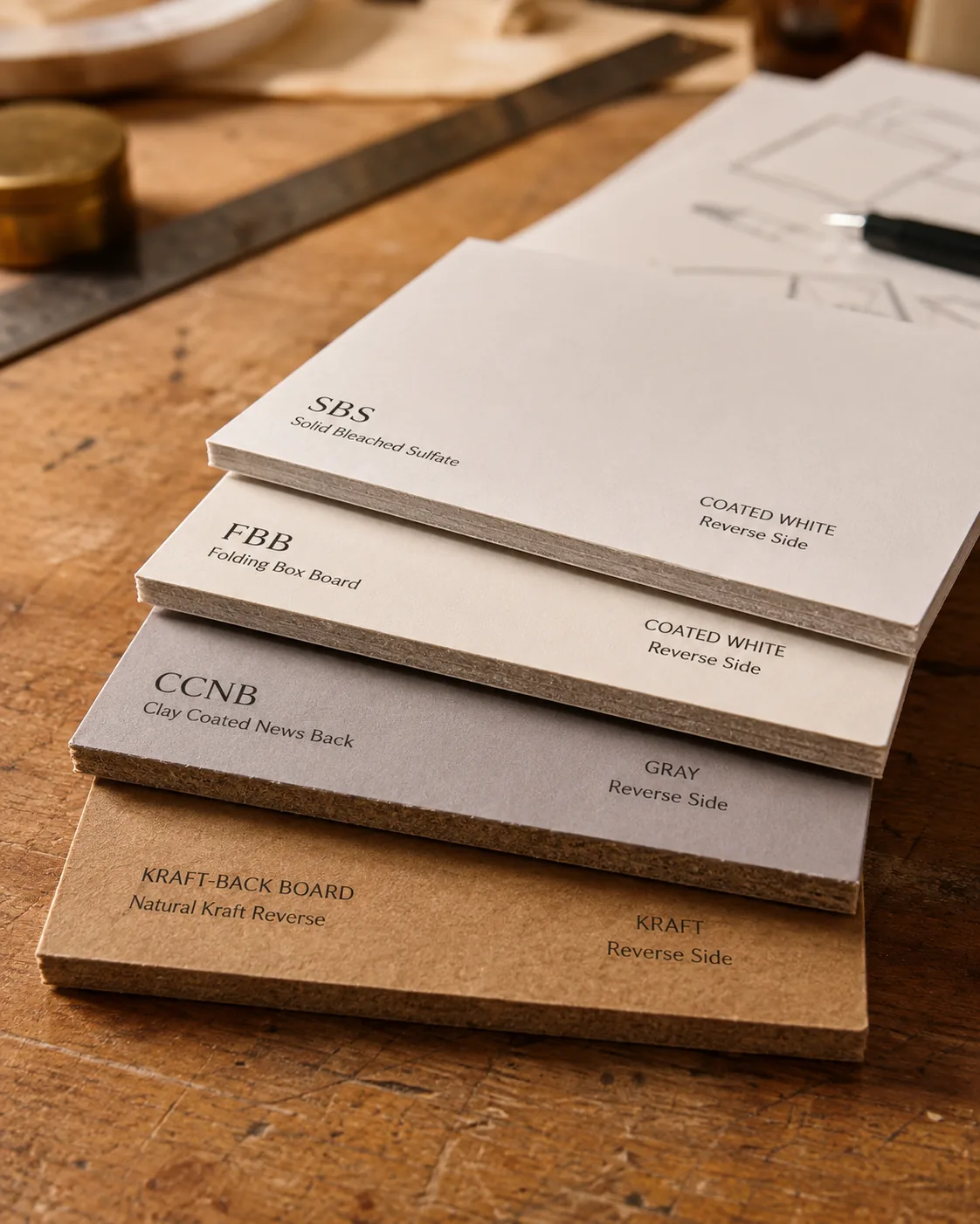 Four board grades fanned on a workbench, SBS, FBB, CCNB and kraft-back, cut edges to camera so the ply and the reverse of each is visible