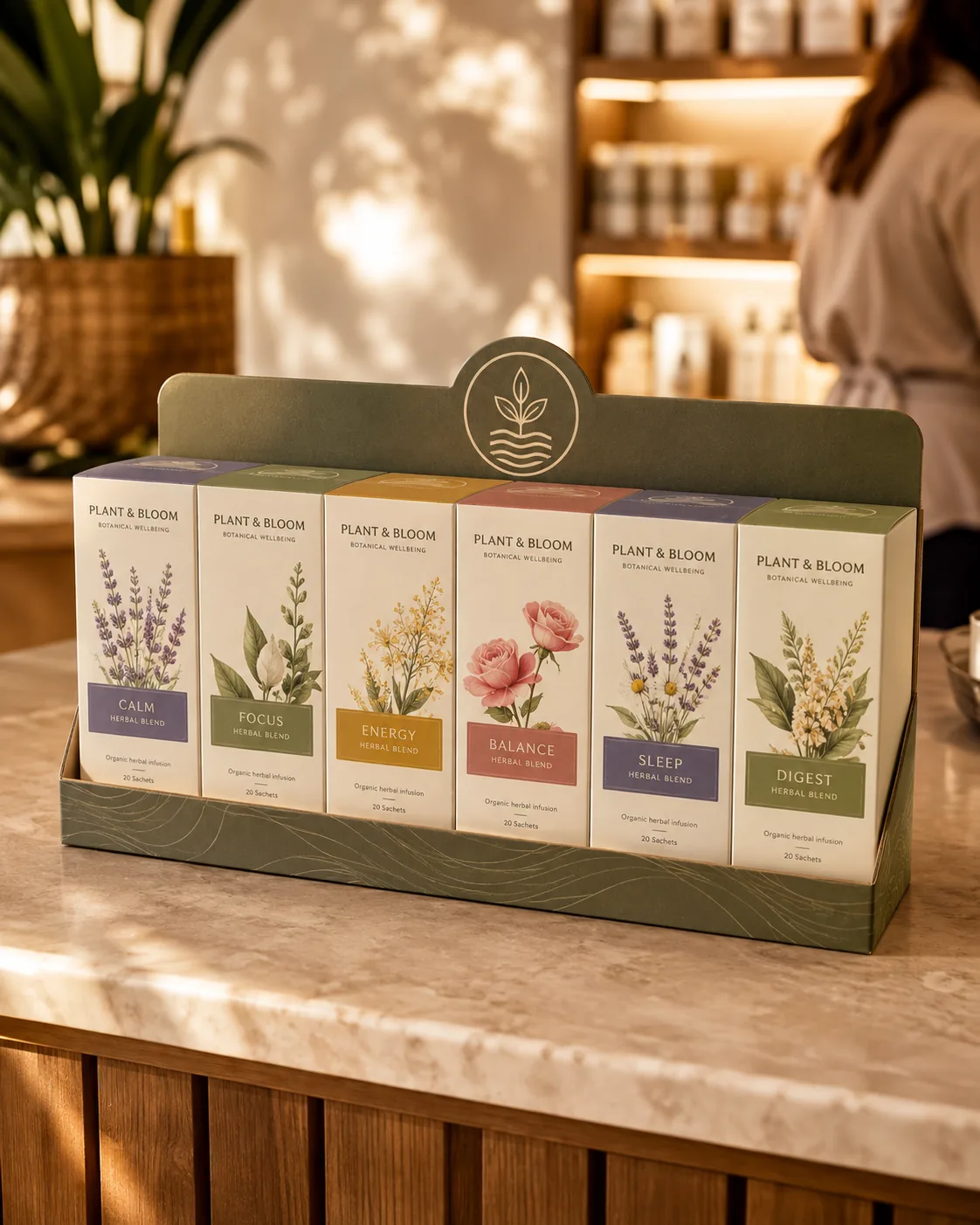 A counter display unit erected on a retail counter, holding a row of six herbal tea cartons