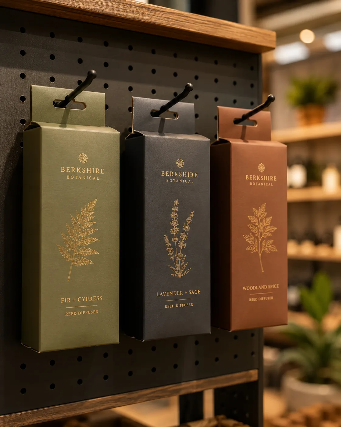 Three reed diffuser cartons hanging from peg hooks by the euro slot in the tab above each closed top