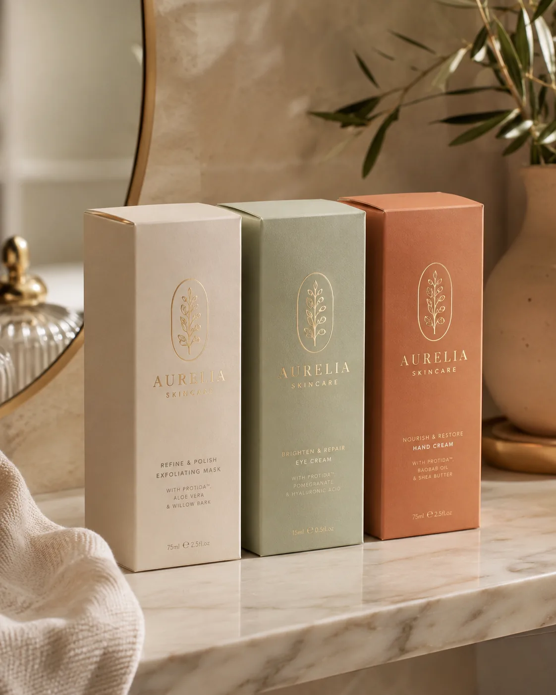 Three reverse tuck end skincare cartons in cream, sage and terracotta standing on a marble shelf.