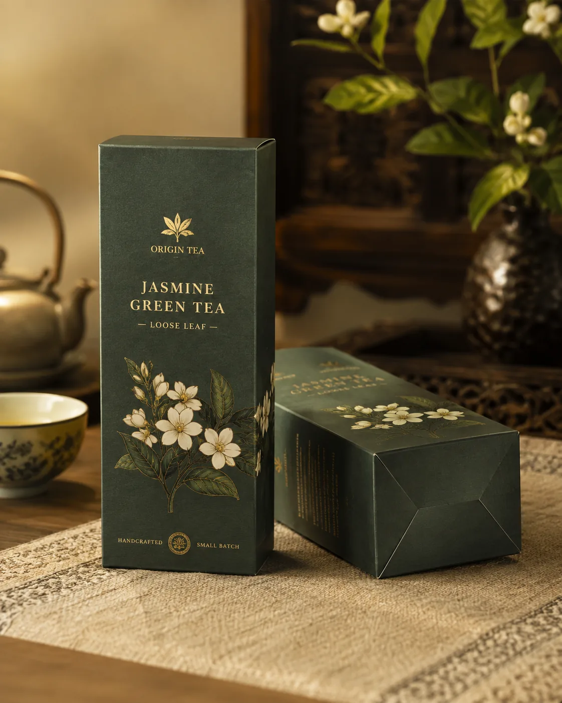 Two loose leaf tea cartons, one standing and one laid on its side to show the glued seal end