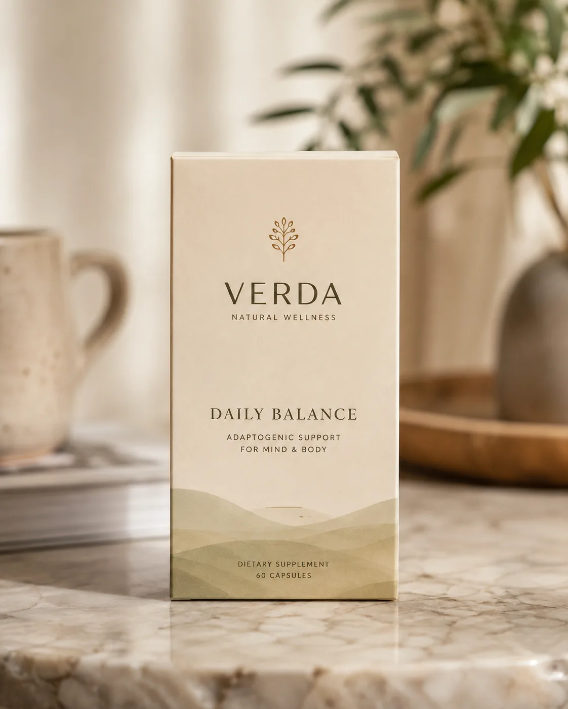 Straight tuck end supplement carton standing face front on marble, the printed front panel unbroken by any flap edge