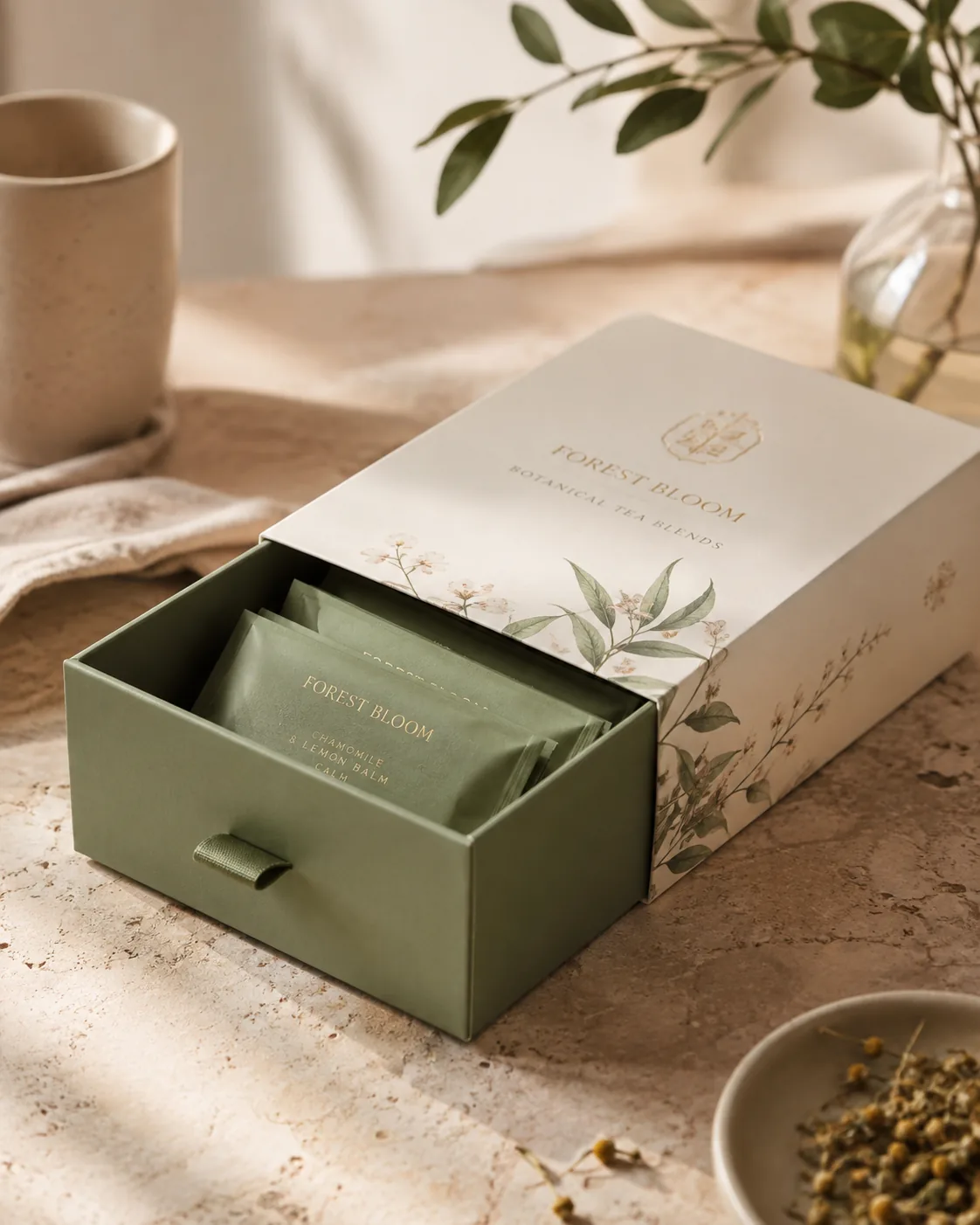 A printed sleeve with a sage green drawer tray pulled half out, holding tea sachets.