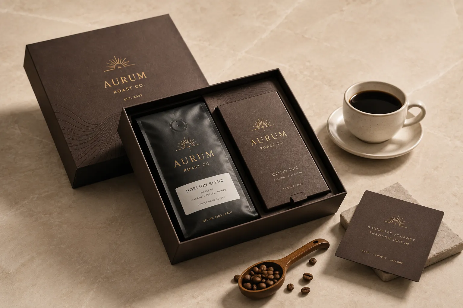 A coffee gift set in brown board, the lid carrying a blind embossed wave pattern beside a foiled wordmark