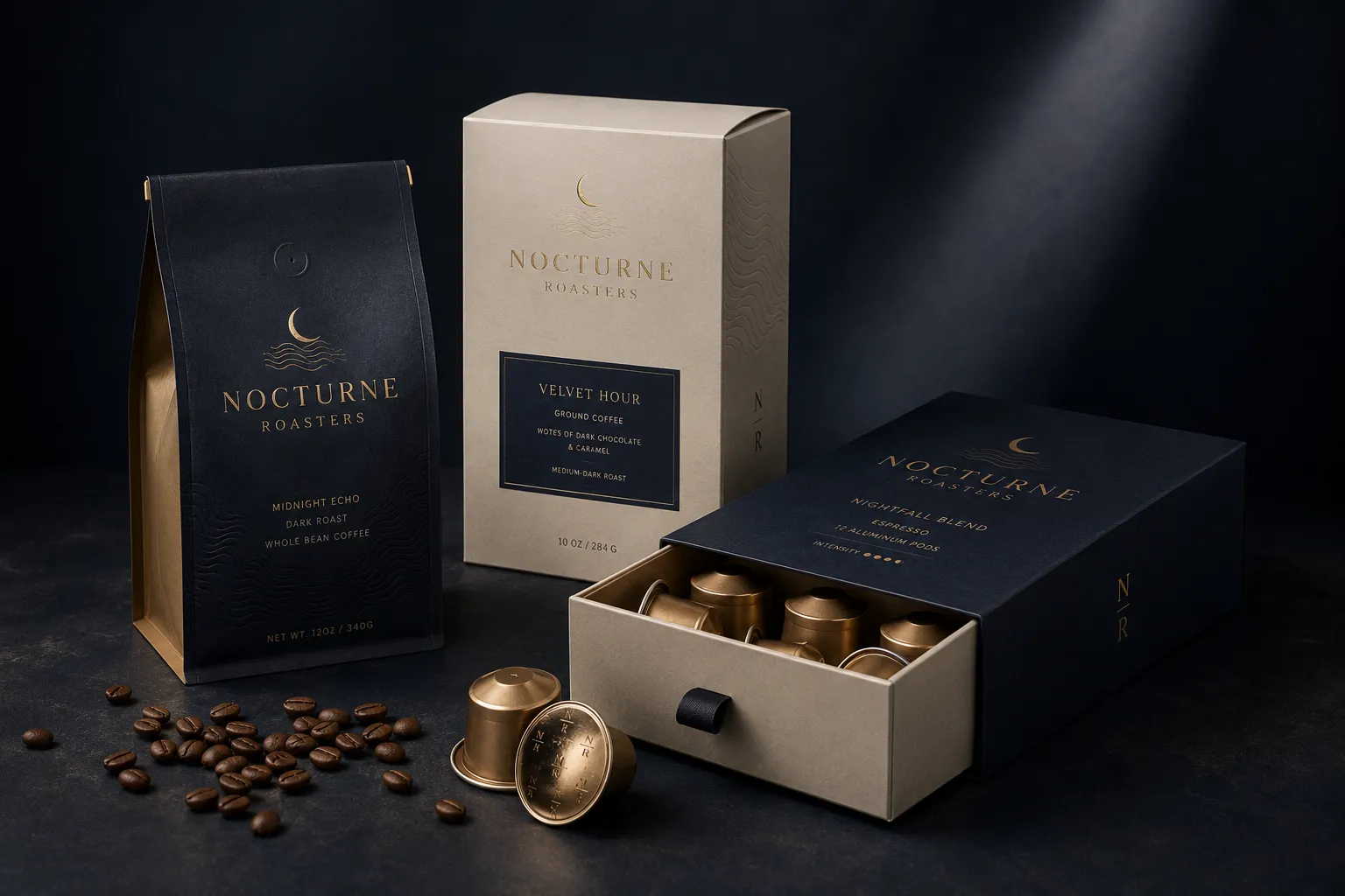 A navy drawer box of coffee pods pulled half open beside an ivory carton and a bag from the same range, the same gold foil moon on all three