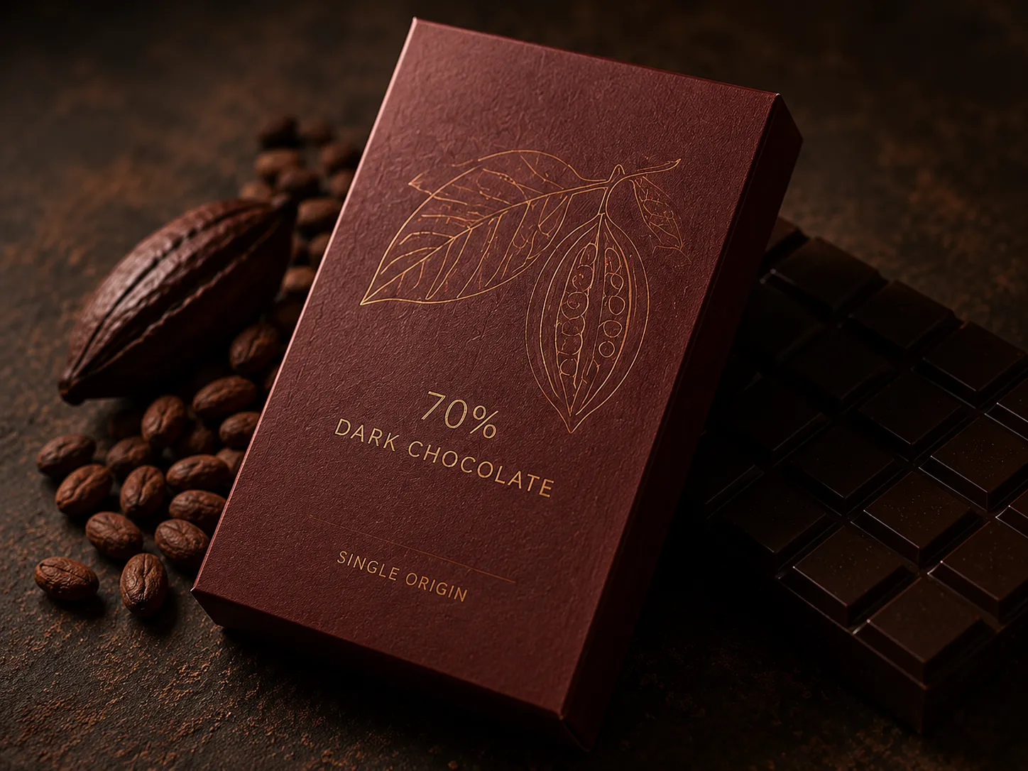 A printed folding carton for single origin dark chocolate, gold foil line work on a deep red board, on a dark ground