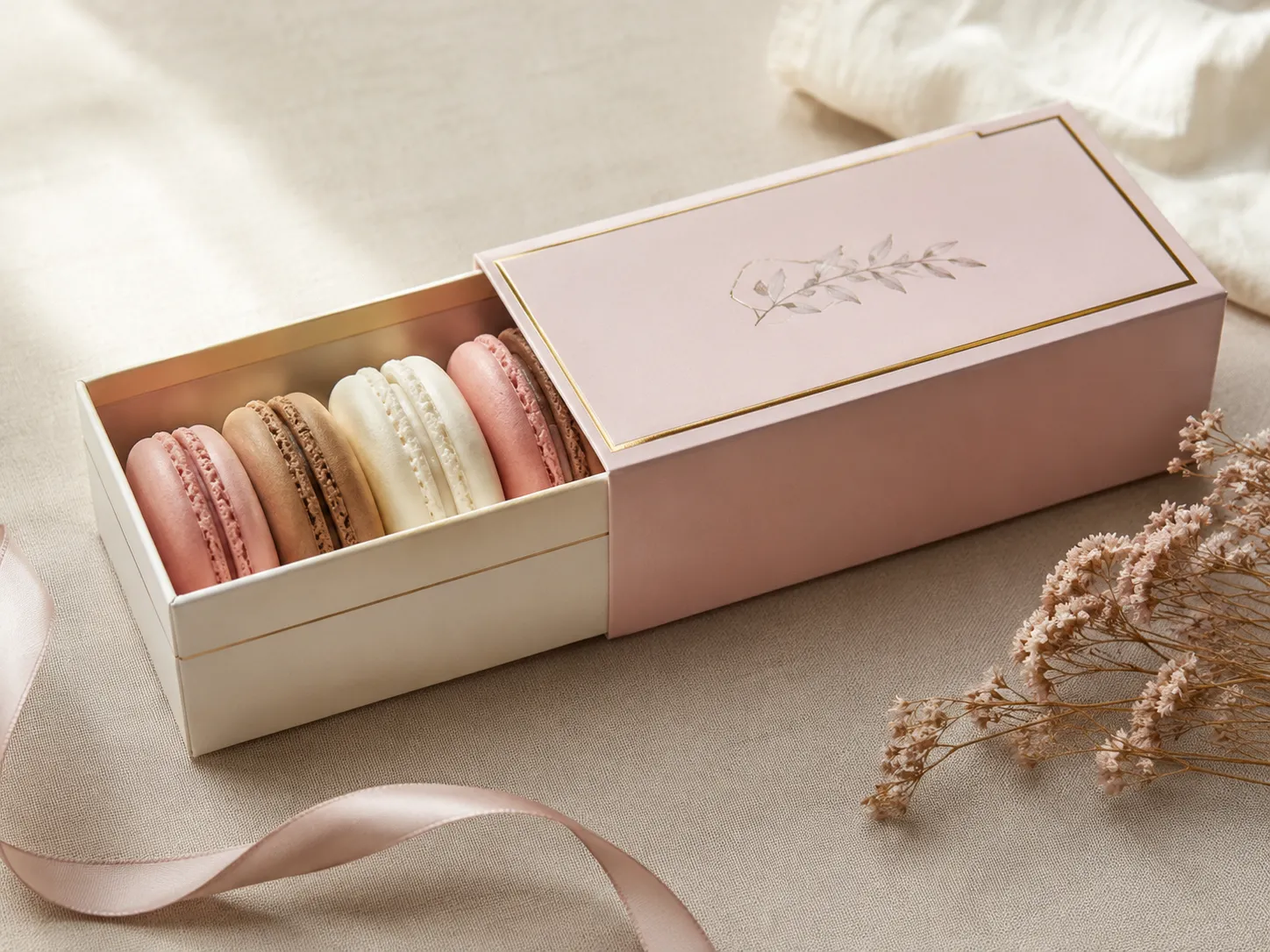 A blush drawer box half open on linen, a hairline gold foil border running around a matte laminated lid