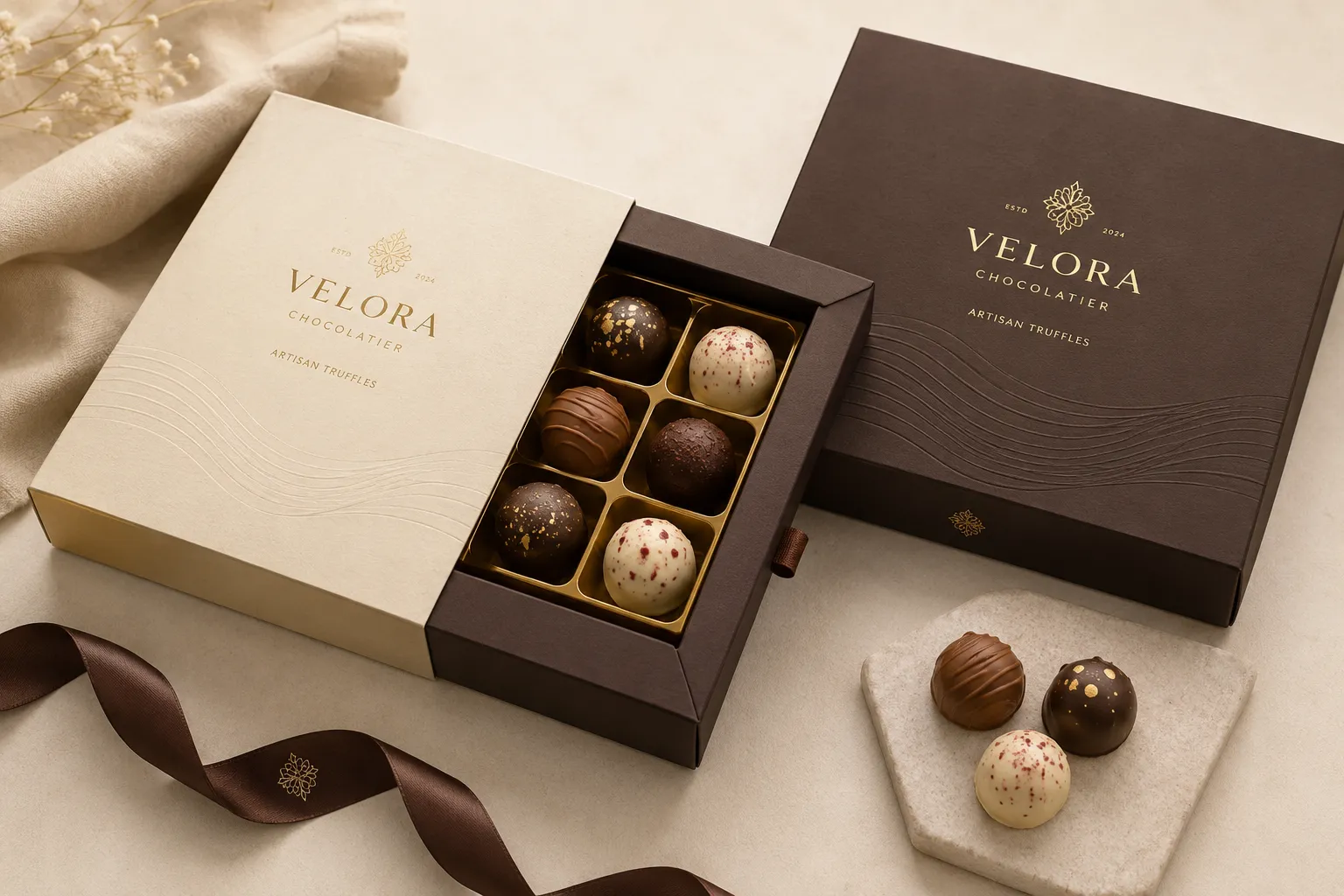 Two truffle drawer boxes, one cream and one dark brown, each carrying a gold foil wordmark and a wave pattern across the lid that catches light against the surrounding ground
