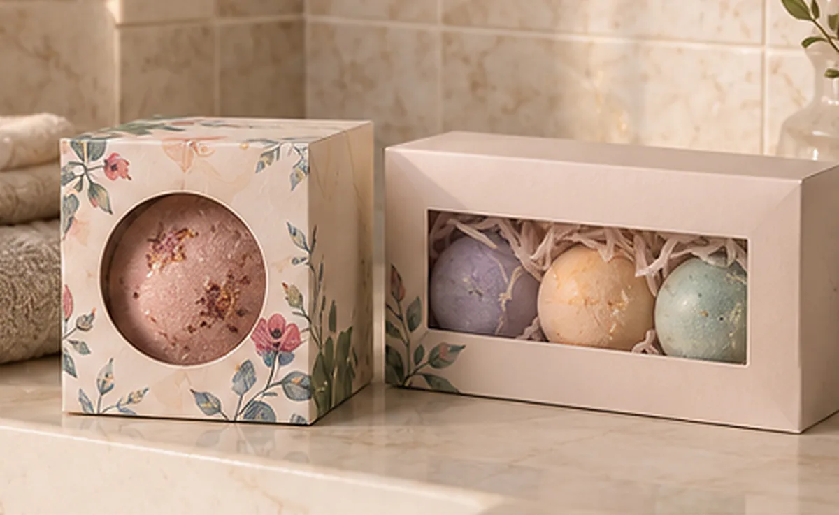 A cube carton with a round window showing a bath bomb, and a windowed set carton holding three bath bombs, on a bathroom shelf