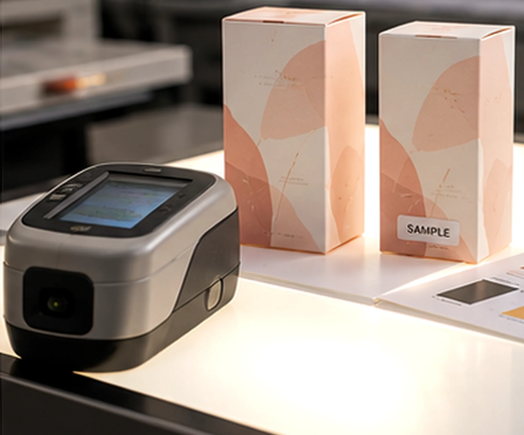 A spectrophotometer on a lightbox beside two skincare cartons, one tagged as the approved sample