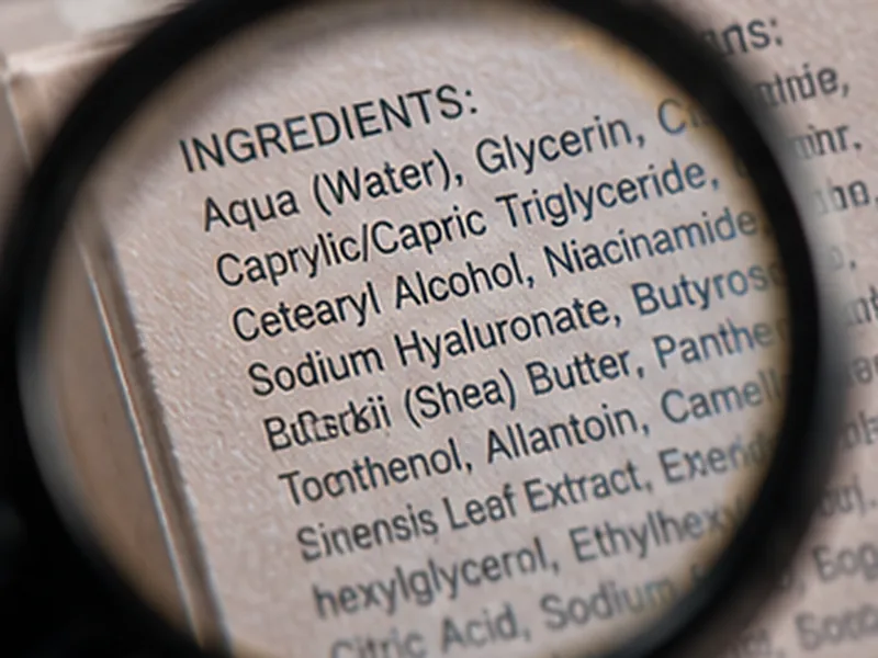 A magnifier over the ingredient list printed on the back panel of a skincare carton
